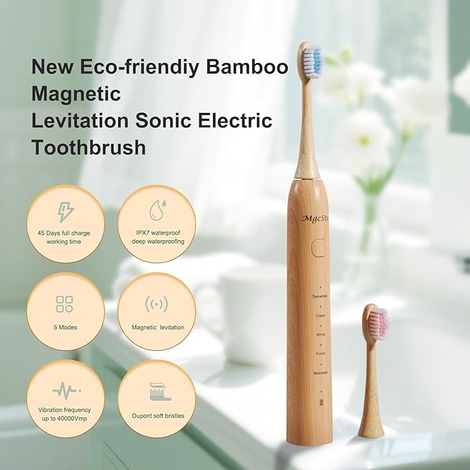 Sonic Electric Bamboo Toothbrush for Adults -5 Adjustable Cleaning Modes -Includes 2 Bamboo Heads with Castor Oil Bristles - Upgraded IPX7 Waterprood -Convenient Charging &amp Travel Case