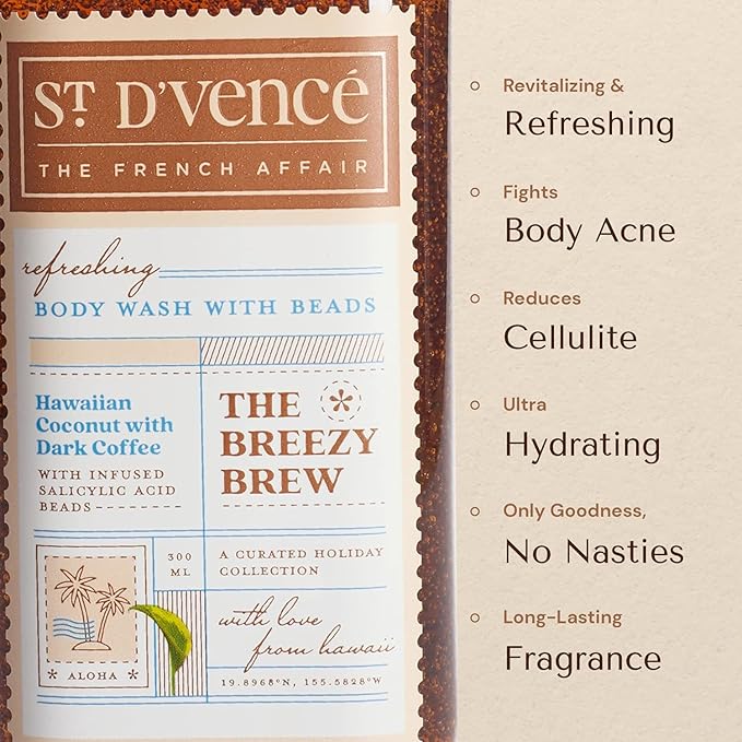 St. D’vence Breezy Brew Salicylic Acid Body Wash Shower Gel for Women &amp Men with Coffee &amp Coconut | Deep Cleansing Paraben &amp SLS Free | Body Wash for Summer - 300 ml
