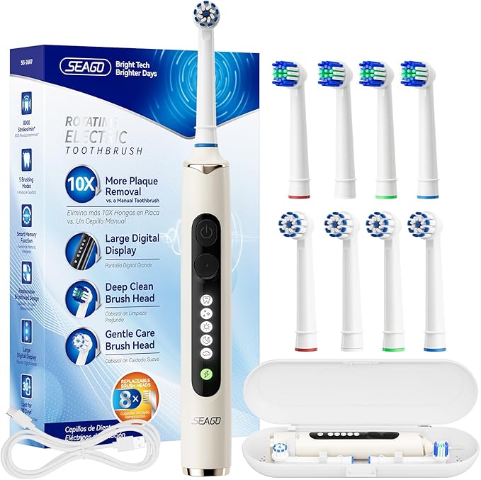 SEAGO Soft Round Electric Toothbrushes with 8 Spin Brush Heads 5 Cleaning Modes Rechargeable Sonic Toothbrush with Timer and Travel Case for Adults and Kids(SG-2607-Beige)