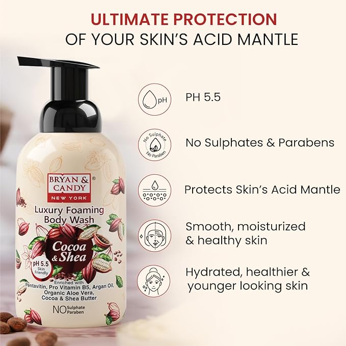 Luxury Foaming Body Wash with Pentavitin Pro Vit B5 Argan Oil Skin Friendly pH 5.5 All Skin Types 400 Ml (Cocoa Shea)