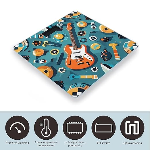 Rock Instrumental Patterns Bathroom Scale for Body Weight Bathroom Weighing Scales with Back Lit LED Display Sturdy Tempered Glass Body Weight Bathroom Scale 400lb Weighing