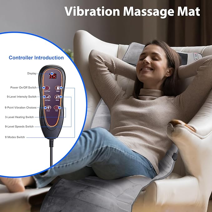 Full Body Massage Mat with Heating Vibration Back Massage Chair Pad with Shiatsu Neck Massage Pillow for Pain Relief 10 Vibration Motors &amp Wired Remote Gifts for Men Women