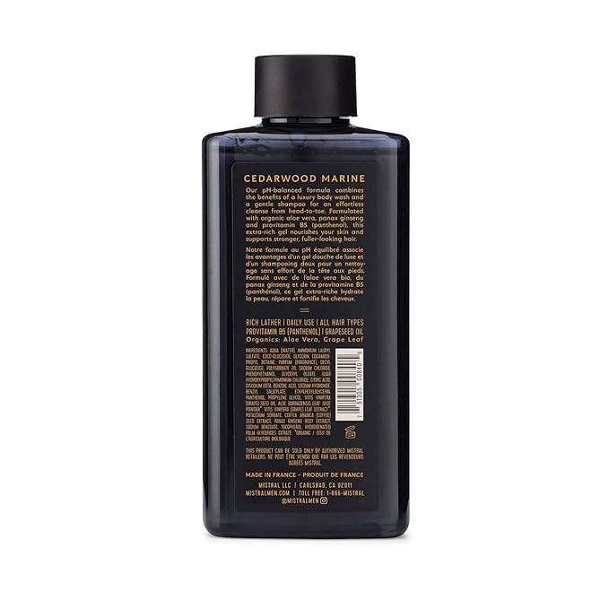 Mistral Men's Body Wash &amp Shampoo Cedarwood Marine 13.5 oz | 2-in-1 Natural Shower Gel for Men | SLS Paraben &amp Phthalate Free | Natural Men’s Body Wash Moisturizing Bath Gel - Made in Franc