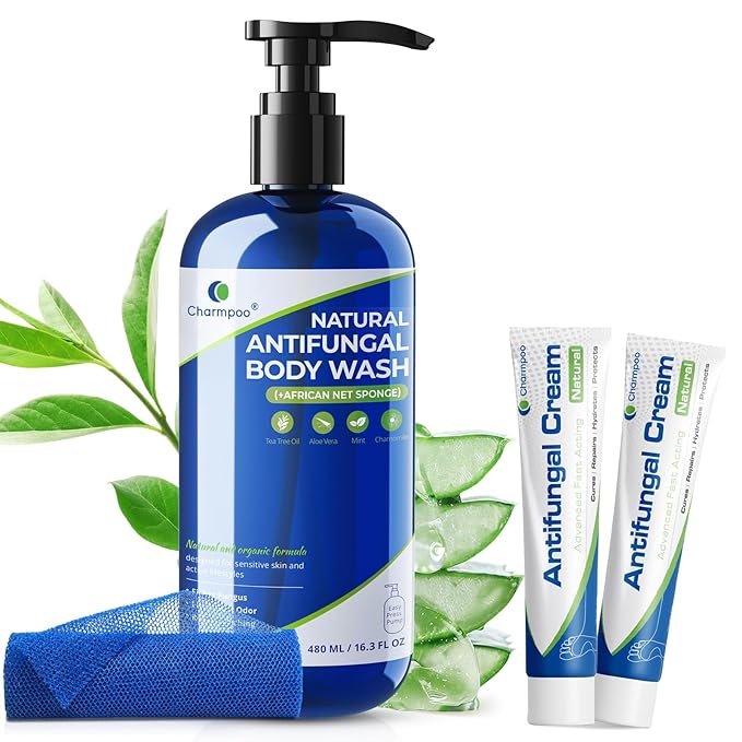 Ultimate Antifungal Bundle: Tea Tree Body Wash (16.3oz) + Miconazole Antifungal Cream (2 Pack) - Complete Treatment Kit for Athlete’s Foot Jock Itch Ringworm Body Odor &amp Eczema - Soothes I
