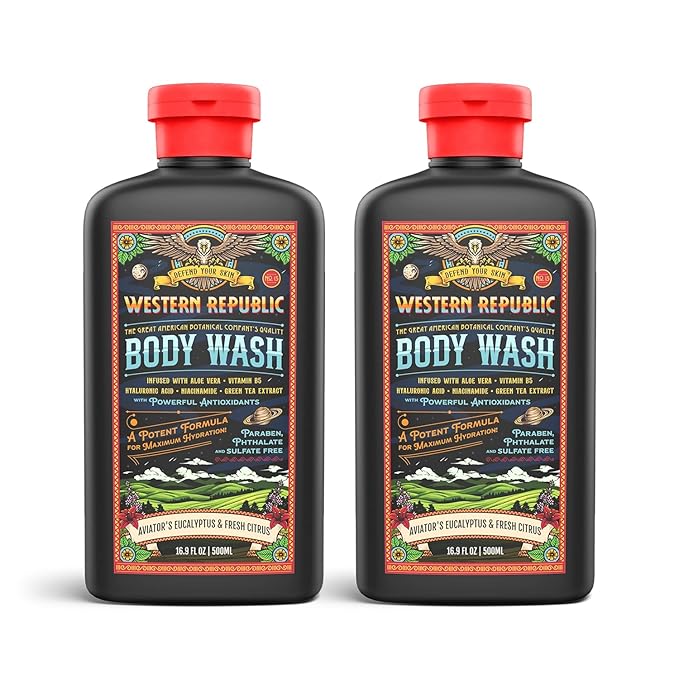 Men's Body Wash | Aviator's Eucalyptus &amp Fresh Citrus Scent | Hydrating &amp Anti-Aging Formula with Aloe Niacinamide &amp Hyaluronic Acid (2 Pack) | Made in USA