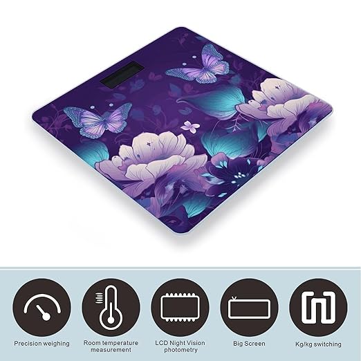 Blue Purple Flower Butterfly Scale for Body Weight Accurate Digital Bathroom Scale Toughened Glass High Precision Scales Smart Weight Scales with Large LCD Backlight Display Weighing Machine