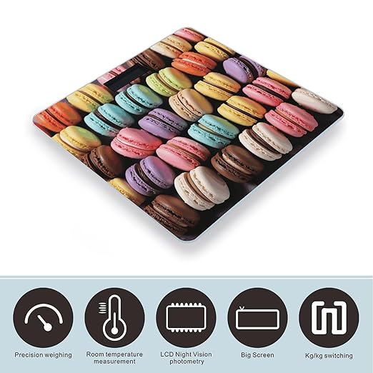 Macaron Biscuit Flavored PastriesScale for Body Weight with LCD High Precision Weighing Scales Fashion Sturdy Tempered Glass Weight Scales Easy-to-Read Digital Bathroom Scale for Daily 400lb