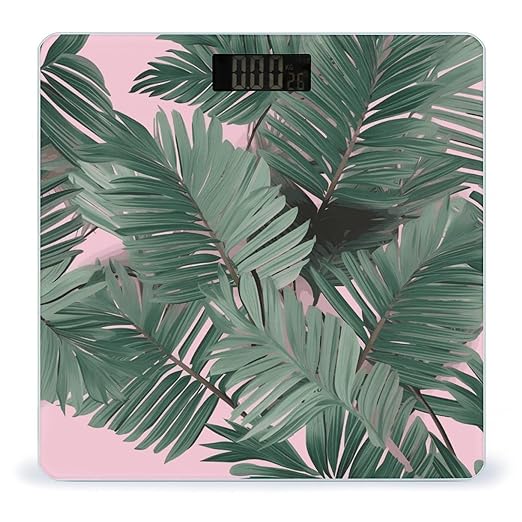 Green Palm Tree Leaves Pink Digital Bathroom Scale Fashion Unique Weight Scale BMI Anti-Slip Precision Weighing Scales Suitable for Home Bedrooms Use and Gift
