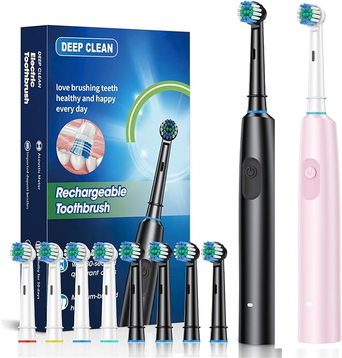 2pcs Rechargeable Rotating Toothbrush - Adult Timer 6 Mode USB Charger with Replacement Heads Set(2002black Pink)