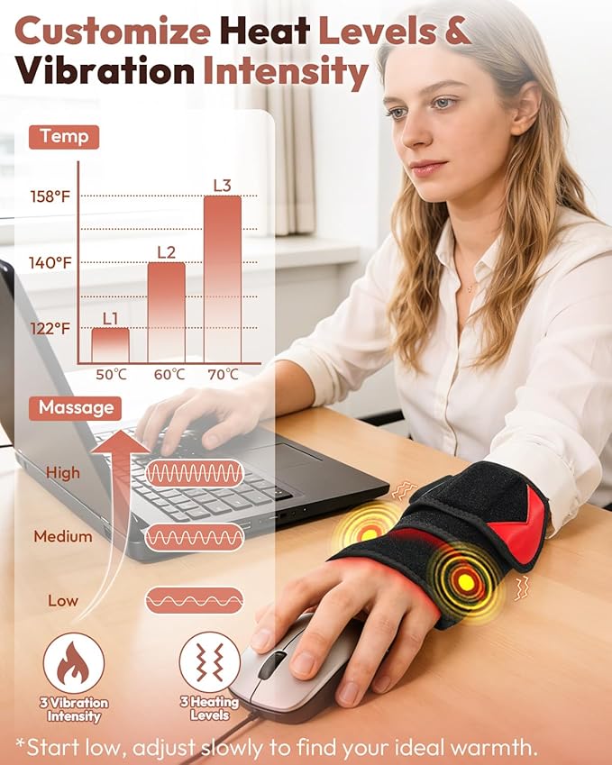 Red Light Therapy for Wrist Hands Wrap Cordless Infrared Heating Pad with Vibration for Body Arm Knee Foot Wearable Heated Wrist Massager Brace 660nm/850nm (Black)