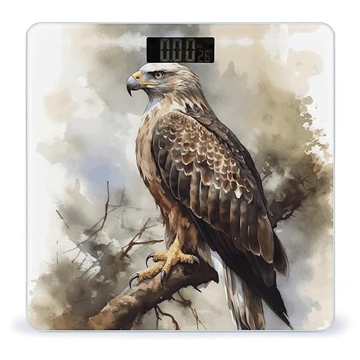 Watercolor of Hawk Sitting in The Tree Bathroom Scale Large LCD Backlight Display Digital Scale Rounded Corners Body Scales Automatic Power On/Off Bathroom Scales for Home Bedrooms