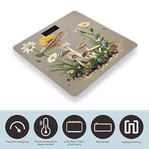 Mushrooms and Flowers Scale for Body Weight Digital Bathroom Scale Toughened Glass High Precision Scales for Body Weight with Large LCD Backlight Display Weight Scales