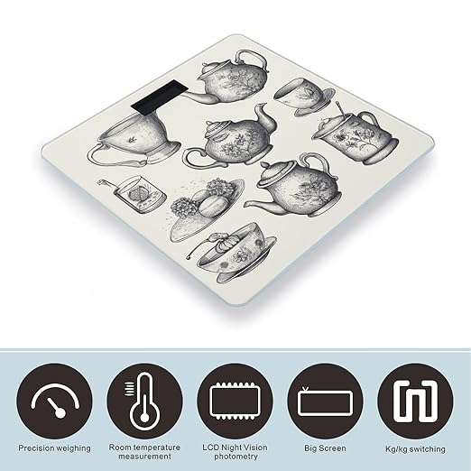 Hand Drawn Teapots and Cups Scale for Body Weight Anti-Slip Tempered Glass Digital Bathroom Scales Clear LCD Display Weighing Scale Safe Rounded Corners Smart Scales