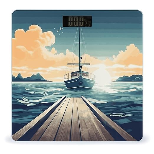 Boat Seascape Theme Bathroom Scale for Body Weight Bathroom Digital Electronic Weighing Scale with Back Lit LED Display Sturdy Tempered Glass Weight Watchers Scales 400lb