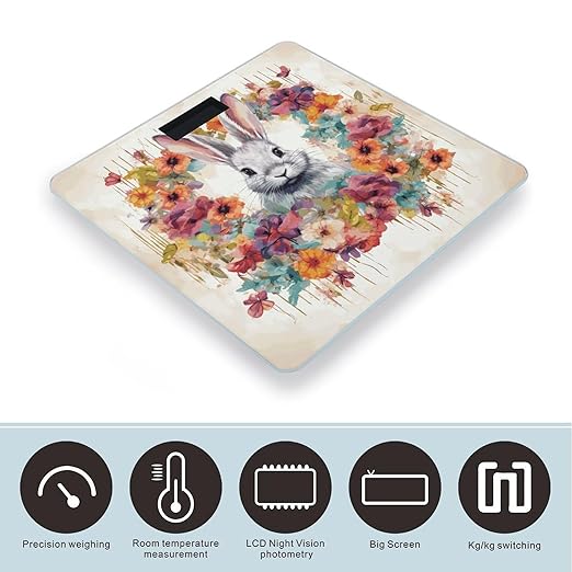 Digital Bathroom Scale for Body Weight Scale with Bright LCD Display High Accuracy Step-On Technology Auto On/Off Watercolor Rabbit and Flowers Digital Scales 400 Lbs /180kg