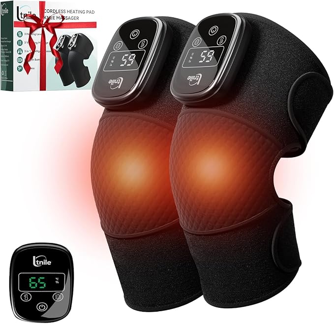 Electric Cordless Knee Massager with 3 Heat 3 Vibration3-in-1 Knee Heating Pad for Pain ReliefArthritisAuto-Off Timer Knee Brace for Shoulder Elbow Ideal Gifts for Men Women Dad Mom(BlackPair)