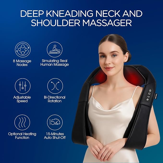 VOYOR-HEALTH Shiatsu Neck and Back Massager Electric Deep Tissue 4D Kneading Massage for Shoulder Lower Back Leg and Body Muscle Pain Relief Home &amp Office Use(Dark Black)