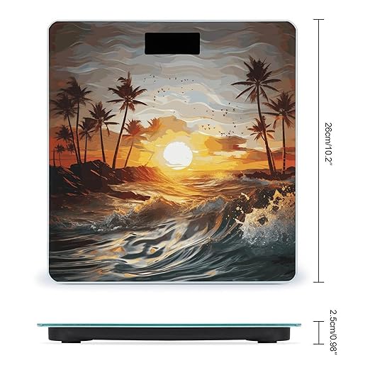 Palm Trees Ocean Waves Sunset Scale for Body Weight Anti-Slip Digital Bathroom Scale Sturdy Toughened Glass Weighing Scales High Precision Safe Rounded Corners Smart Scales