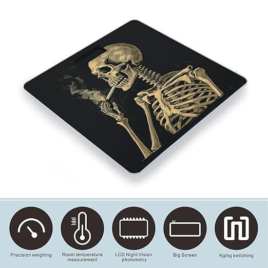 A Skeleton with Burning Cigarette Scale for Body Weight Safe Rounded Corners Tempered Glass Digital Bathroom Scale LED Display 400lb Capacity Weight Scales with High Precision Sensors