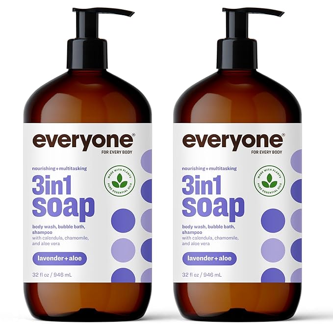 Everyone 3-in-1 Soap Body Wash Bubble Bath Shampoo 32 Ounce (Pack of 2) Lavender and Aloe &amp Liquid Hand Soap 12.75 Ounce (Pack of 3) Lavender and Coconut Plant-Based Cleanser