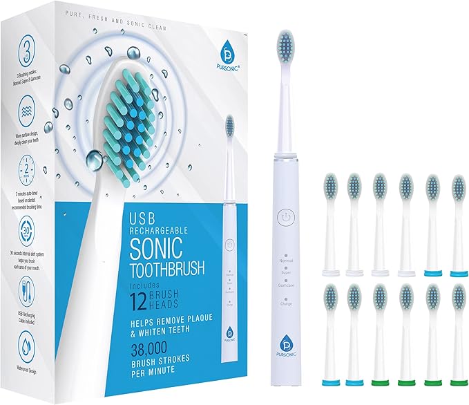 Pursonic Whitening USB Rechargeable Sonic Toothbrush-12 Brush Heads!- 38000 Brush Strokes Per Minute-3 Brushing Modes with 2 Minute Auto Timer (White)