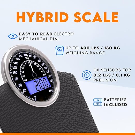 ZENO Hybrid 2-in-1 Analog &amp Digital Weighing Scale for Body Weight up to 400lbs - Thick Tempered Glass - Extra Large Display - Easy to Read Digital Bathroom Scale - New - Black Nova