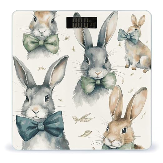 Rabbit Wearing A Bow Scale for Body Weight Anti-Slip Digital Bathroom Scale Sturdy Toughened Glass Weighing Scales High Precision Safe Rounded Corners Smart Scales