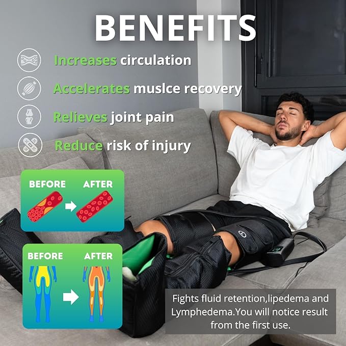 Leg Compression Massager with Heat for Circulation and Pain Relief 3-in-1 Foot Calf &amp Thigh Recovery System Compression Boots for Lymphedema Swollen Legs &amp Edema
