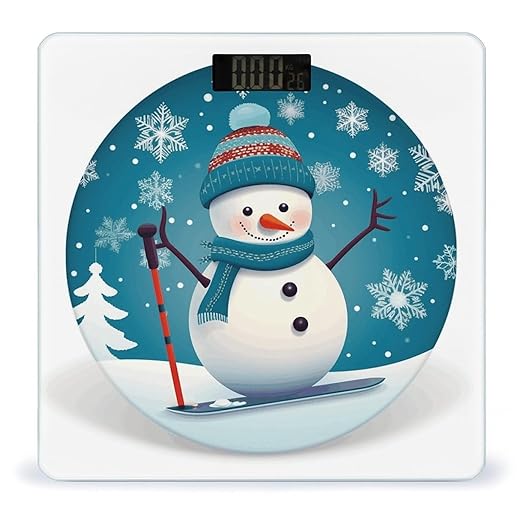 Lovely Christmas Cartoon Skiing Snowman Snowflake Scale for Body Weight High Precision Digital Weight Scales with LCD Display Anti-Slip Sturdy Slim Tempered Glass Bathroom Scale for Home Use
