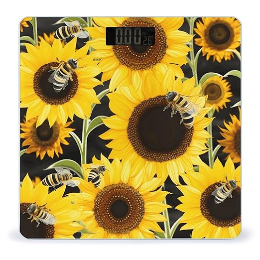 Sunflower Bees Bathroom Scale Large LCD Backlight Display Digital Scale Rounded Corners Body Scales Automatic Power On/Off Bathroom Scales for Home Bedrooms