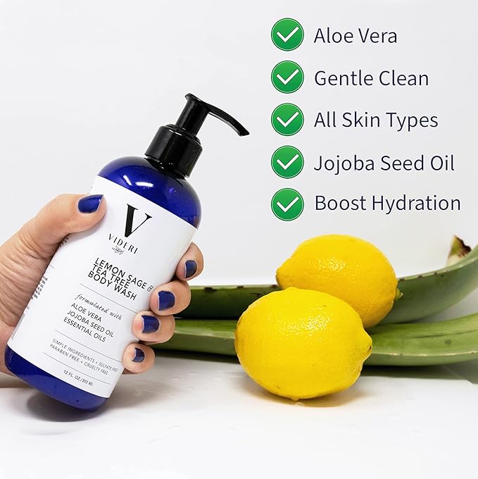 Sulfate Free Body Wash for Sensitive Skin Lemon Sage &amp Tea Tree Body Wash - Essential Oils Aloe Vera &amp Jojoba - Antioxidant Rich Gentle on Skin &amp Fresh Citrus Scent - Large 12 fl oz