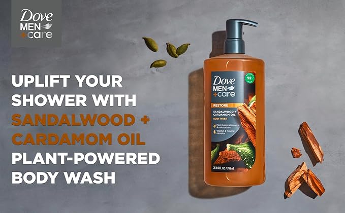 DOVE MEN + CARE Shower Tool For Stronger Healthy-Feeling Skin Active Clean Scrubs and Exfoliates Body Wash Sandalwood + Cardamom Oil to Rebuild Skin in the Shower
