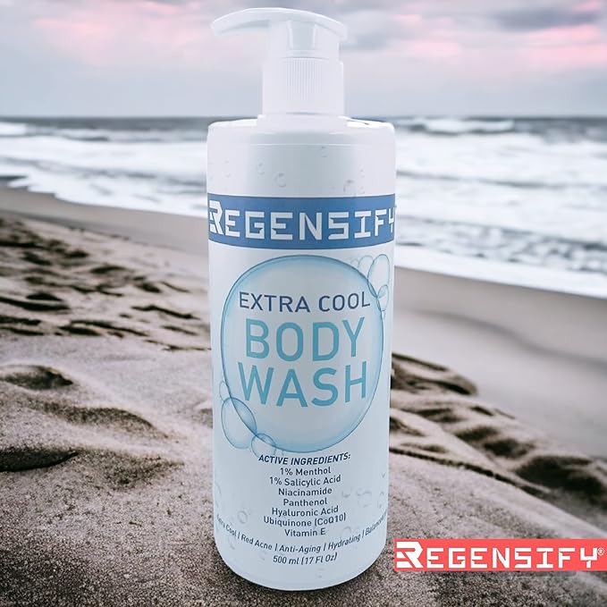 REGENSIFY Red Acne Extra Cool Body Wash 500 ml (17 Fl Oz) [1% Menthol 1% Salicylic Acid Niacinamide Panthenol Hyaluronic Acid Coenzyme Q10 Vitamin E] - Anti Aging Hydrating Icy Shower Gel
