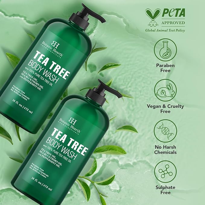 Botanic Hearth Tea Tree Body Wash 16 fl oz (2 Pack) Natural Antifungal &amp Odor Control Shower Gel for Acne Athlete’s Foot Ringworm Jock Itch Healthy Skin Sulfate &amp Paraben Free for Men &a