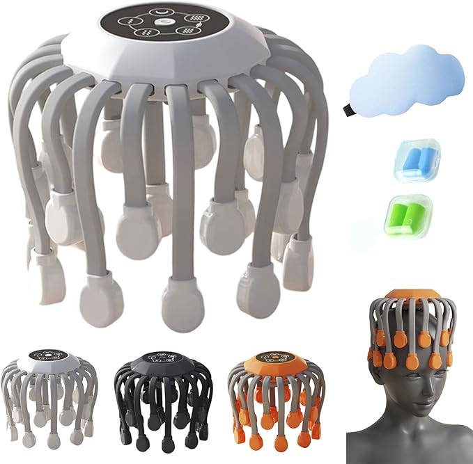 Head Massager 360° Octopus Electric Scalp Massager with 10 Vibrating Points Automatic Scalp Scratcher Promotes Cordless Portable Head Scratcher for Stress Relax (1 White)