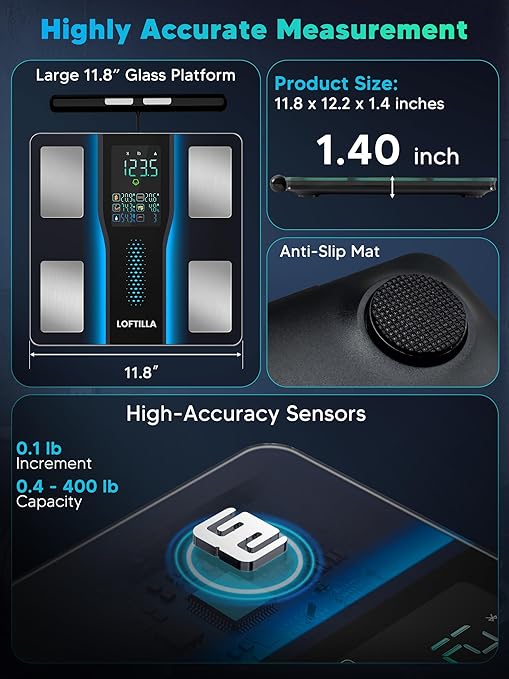 LOFTILLA Smart Scale for Body Weight 8-Electrode Bluetooth Bathroom Scale with BMI Body Fat Muscle Mass 50+ Full Body Composition Metrics High Accurate Scales with 5.4 Large LED Display