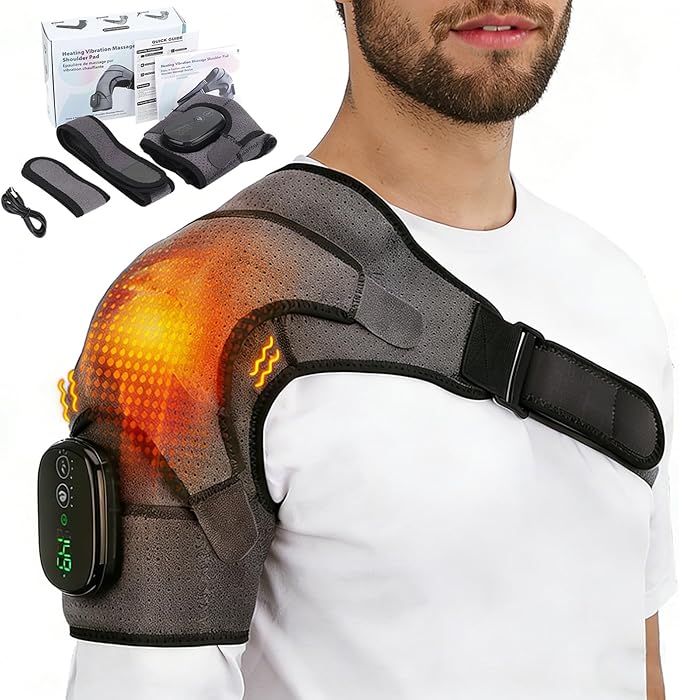 Shoulder Massager – Cordless Shoulder Heating Pad with Vibration for Deep Tissue Comfort Heated Shoulder Wrap with 3 Heating Levels &amp Vibration Adjustable Straps Left or Right (Gray)