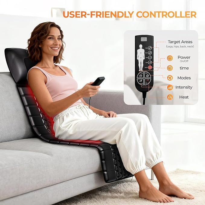 Shiatsu Full Body Massage Mat with Heat Detachable Massager Pad 10 Vibrating Motors 9 Intensity Levels Deep Tissue Pain Relief for Back Neck &amp Legs – Relaxation at Home or Office