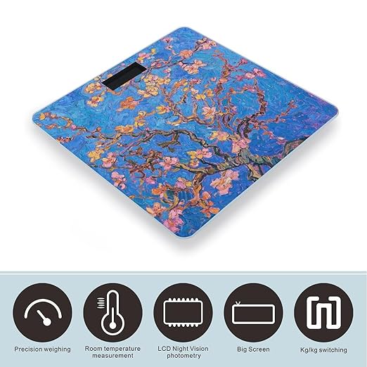 Small Peach Flowers Scale for Body Weight Sturdy Tempered Glass Weighing Scales with LCD Display Accurate Digital Bathroom Scale Convenient Body Fat Smart Scales Easy Read
