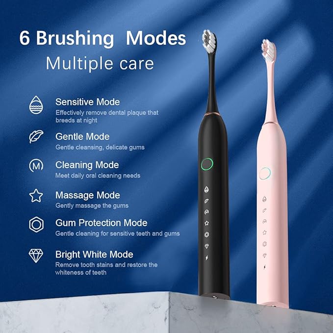 2 Pack Rechargeable Electric Toothbrushes for Adults and Kids Whitening Tooth Brush with 8 Brush Heads 6 Cleaning Modes and Smart Timer Waterproof Cleaning Toothbrushes Set