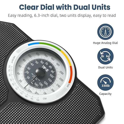 Analog Scale for Body Weight Mechanical Bathroom Scale Analog Scale for Body Weight 150kg/330lb Dial Scale with Wider and Thicker Anti-Slip Platform Simple Calibration No Required Battery