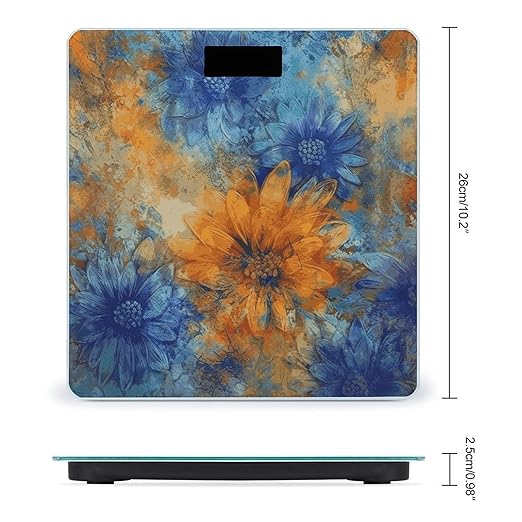 Blue and Orange Flowers Weight Scale Digital Electronic Scales Bathroom Scale Larg LCD Backlight Display High Precision MeasurementsTempered Glass