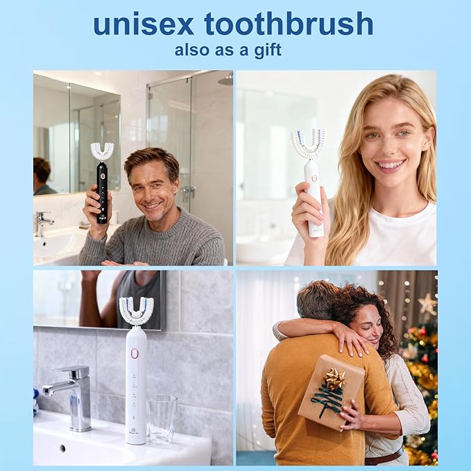 Ultrasonic U-Shaped Toothbrush for Adults Electric Toothbrush has 23760 Nylon BristlesAutomatic 360-degree Cleaning and Waterproof IPX7 4 Modes for Teeth Whitening (Black)