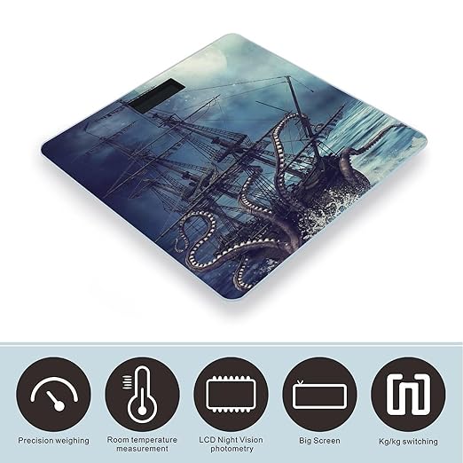 Octopus Kraken Pirate Ship Ocean Scale for Body Weight Digital Bathroom Scale Precision Smart Weighing Scales with Clear LED Display Accurate High Precision Scales Weighing Machine