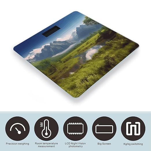 Beautiful Scenery Scale for Body Weight Safe Rounded Corners Tempered Glass Digital Bathroom Scale LED Display 400lb Capacity Weight Scales with High Precision Sensors