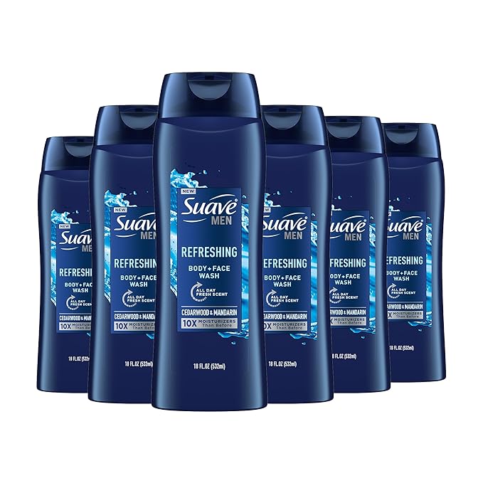 Suave Body Wash Pack of 6 Cherry Blossom and Men's Cedarwood 18 Oz With Vitamin E and 10X More Moisturizers