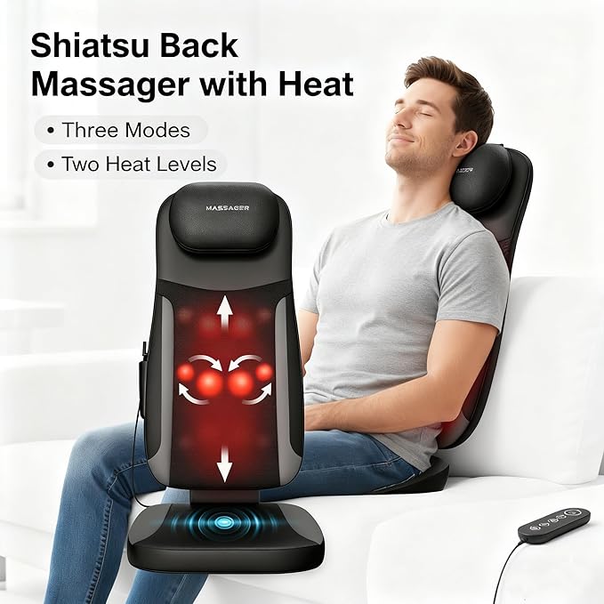 Back Massager with Heat for Office &amp Car Use 4D Shiatsu Technology Full Body Massage Chair Pad for Pain Relief Shiatsu Chair Massager for Recliner &amp Car Seat Adjustable Compression Auto S