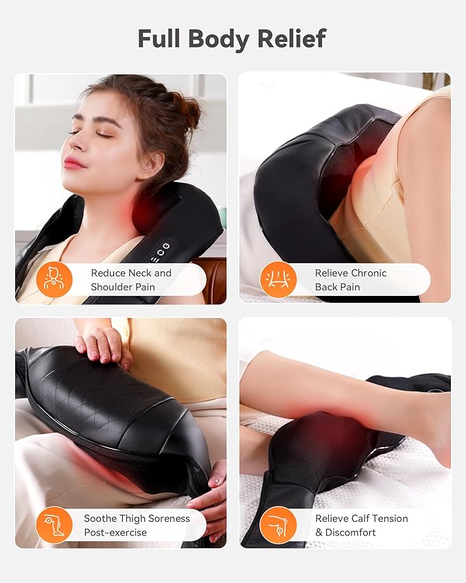 Shiatsu Electric Neck Back Massager Back Massager with Heat 4D Kneading Electric Massage Pillow for Shoulder Lower Back Foot Leg Muscles Pain Relief Relax in Car Office and Home