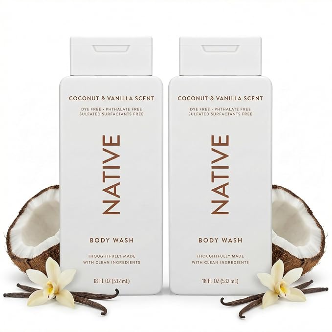Native Body Wash 2 Pack Coconut Vanilla Sulfate Free Paraben Free Natural Moisturizing Shower Gel for Women and Men 18 oz Each