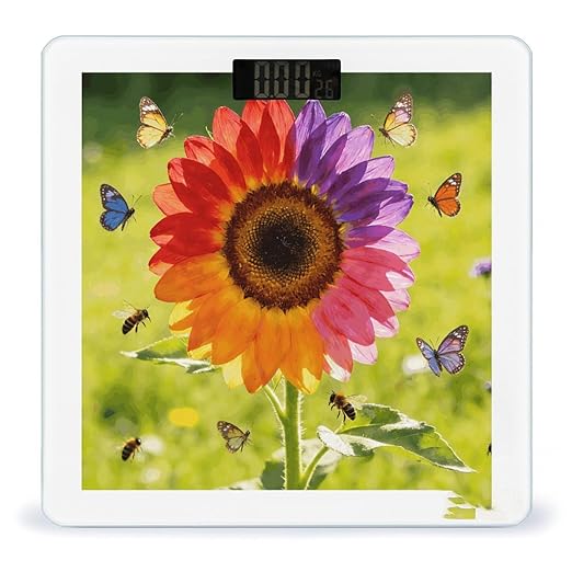 Colorful Sunflower Weight ScaleClear LED Display Bathroom Digital Weighing ScaleTempered Glass Digital Bathroom Scale for Body Weight Capacity Up to 400 Lbs
